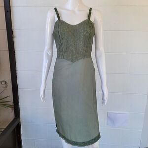 Vintage 80's Lace Bodice Satin Slip Dress Sage Green Women's 6 Fairycore
